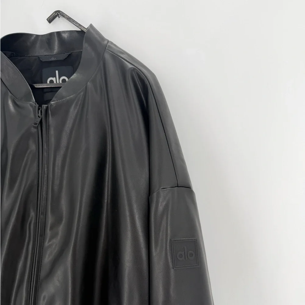 Alo Black Oversized Faux Leather Premier Bomber Jacket